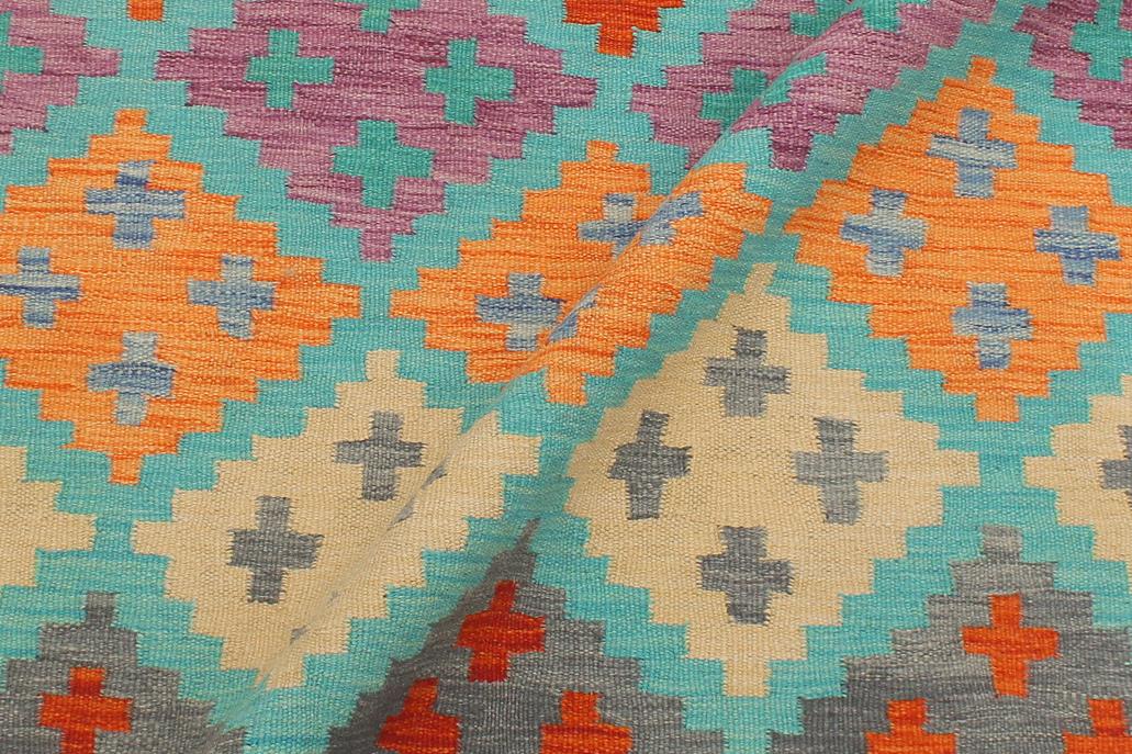 Flat Weave Kilim, Antique, Navaho, Vintage, Handmade, Modern Kilim Blue Rust Hand-Woven Rectangle 100% Wool Area Rug 4 x 6