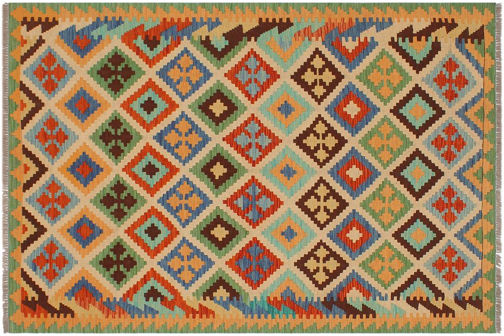 Flat Weave Kilim, Antique, Navaho, Vintage, Handmade, Modern Kilim Beige Green Hand-Woven Rectangle 100% Wool Area Rug 4 x 6