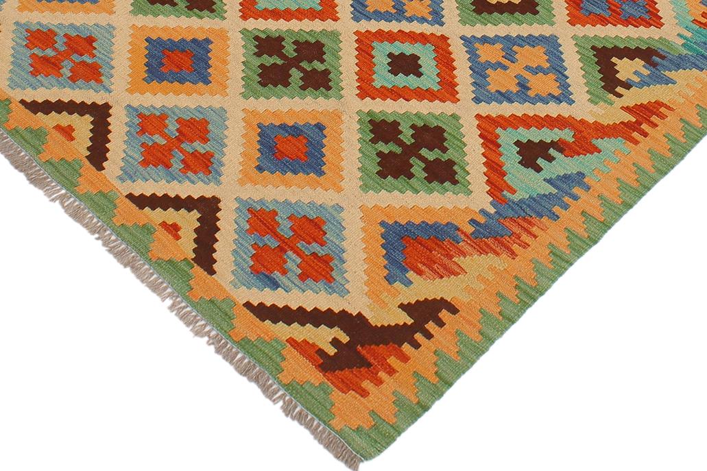 Flat Weave Kilim, Antique, Navaho, Vintage, Handmade, Modern Kilim Beige Green Hand-Woven Rectangle 100% Wool Area Rug 4 x 6