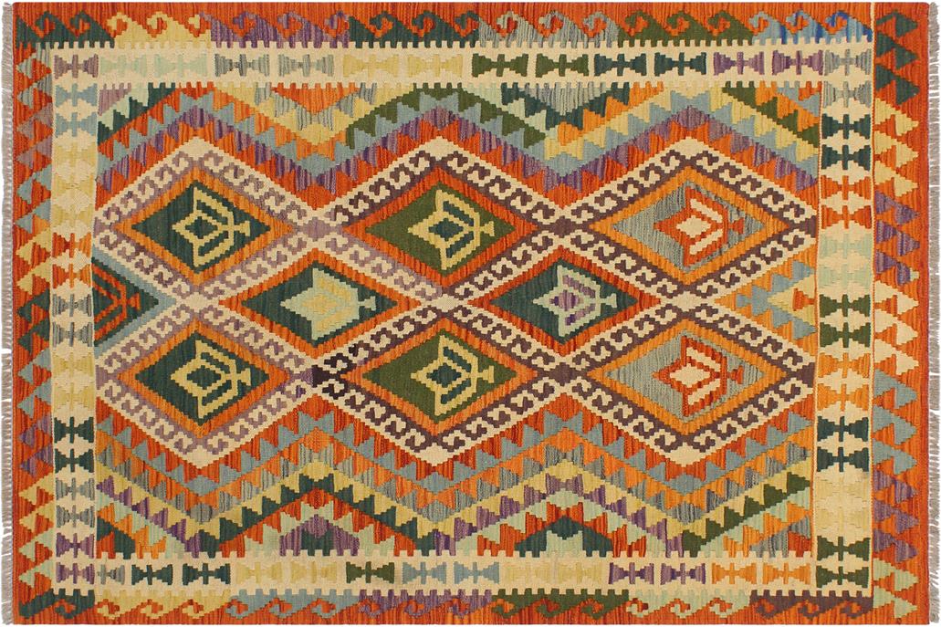 Flat Weave Kilim, Antique, Navaho, Vintage, Handmade, Geometric Kilim Beige Rust Hand-Woven Rectangle 100% Wool Area Rug 4 x 6