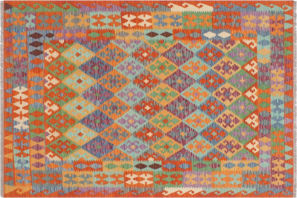 Flat Weave Kilim, Antique, Navaho, Vintage, Handmade, Geometric Kilim Blue Rust Hand-Woven Rectangle 100% Wool Area Rug 5 x 6