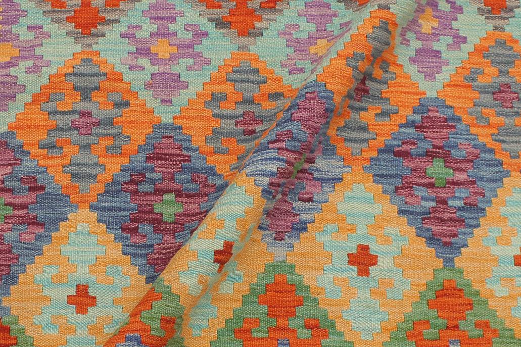 Flat Weave Kilim, Antique, Navaho, Vintage, Handmade, Geometric Kilim Blue Rust Hand-Woven Rectangle 100% Wool Area Rug 5 x 6