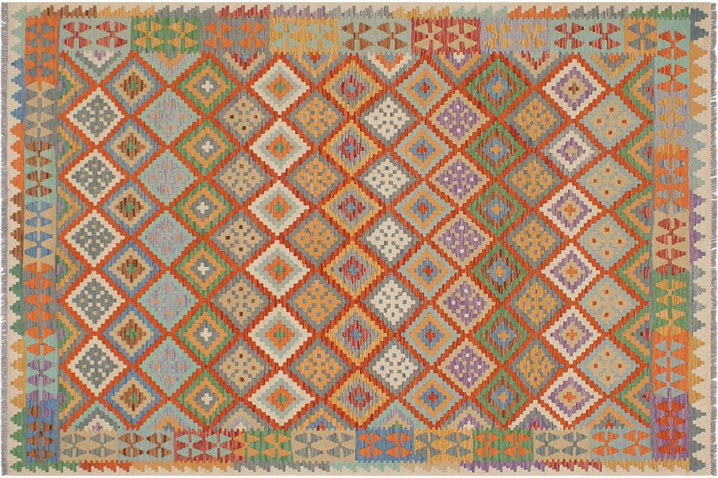 Flat Weave Kilim, Antique, Navaho, Vintage, Handmade, Geometric Kilim Rust Beige Hand-Woven Rectangle 100% Wool Area Rug 6 x 8