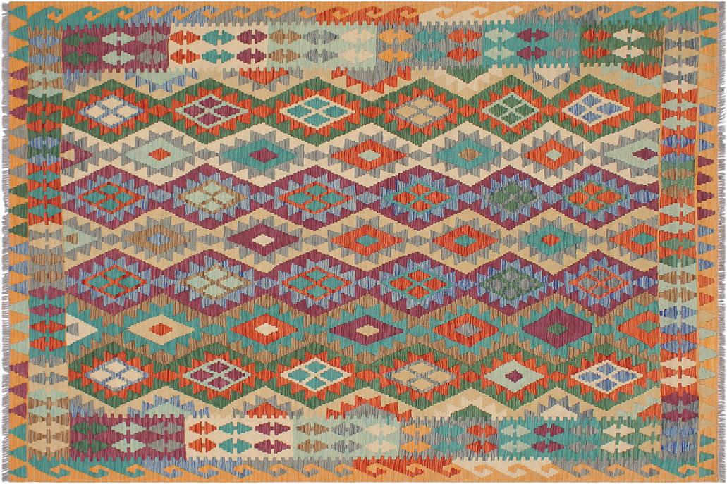 Flat Weave Kilim, Antique, Navaho, Vintage, Handmade, Geometric Kilim Rust Blue Hand-Woven Rectangle 100% Wool Area Rug 6 x 8