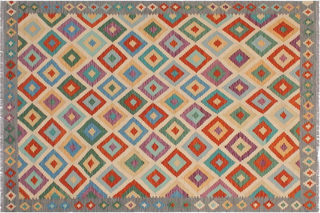 Flat Weave Kilim, Antique, Navaho, Vintage, Handmade, Geometric Kilim Beige Gray Hand-Woven Rectangle 100% Wool Area Rug 6 x 8