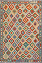 Flat Weave Kilim Antique Navaho Vintage handmade Geometric Kilim Beige Gray Hand-Woven Rectangle 100% Wool Area Rug 6x8