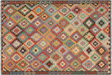 Flat Weave Kilim, Antique, Navaho, Vintage, Handmade, Geometric Kilim Blue Brown Hand-Woven Rectangle 100% Wool Area Rug 5 x 6