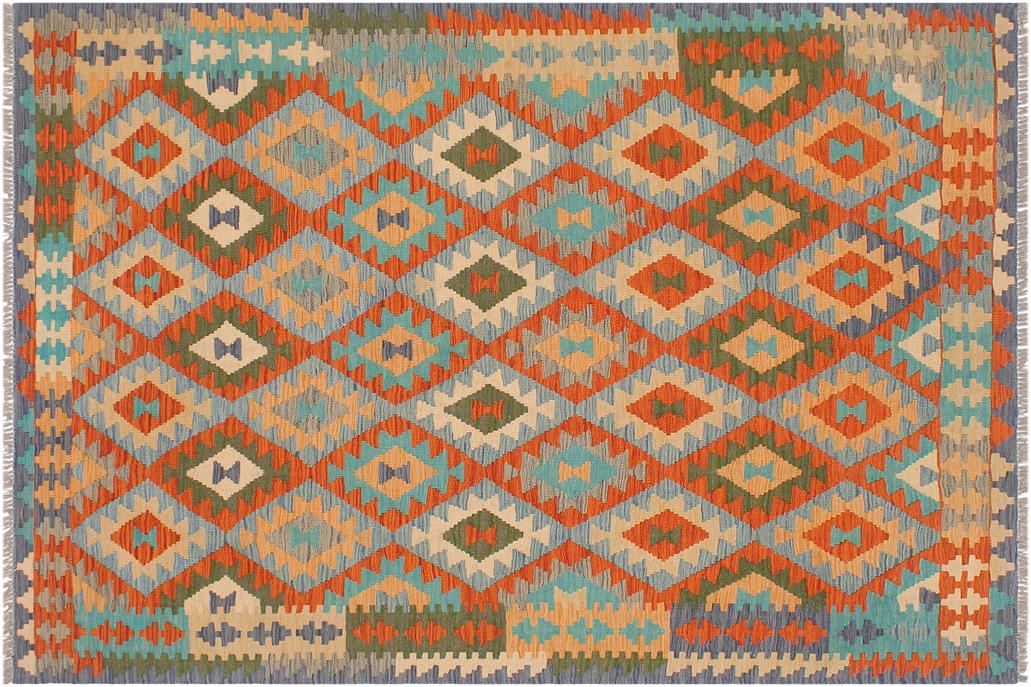 Flat Weave Kilim, Antique, Navaho, Vintage, Handmade, Geometric Kilim Rust Blue Hand-Woven Rectangle 100% Wool Area Rug 5 x 7