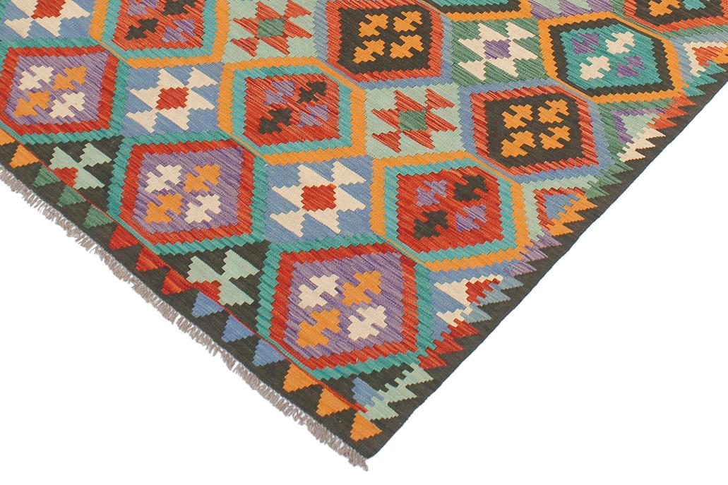 Flat Weave Kilim, Antique, Navaho, Vintage, Handmade, Geometric Kilim Rust Green Hand-Woven Rectangle 100% Wool Area Rug 6 x 8