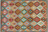 Flat Weave Kilim, Antique, Navaho, Vintage, Handmade, Geometric Kilim Rust Green Hand-Woven Rectangle 100% Wool Area Rug 6 x 8