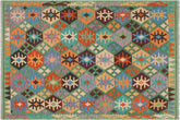 handmade Geometric Kilim Green Blue Hand-Woven RECTANGLE 100% WOOL area rug 5 x 7