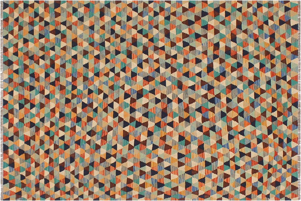 Flat Weave Kilim, Antique, Navaho, Vintage, Handmade, Modern Kilim Blue Rust Hand-Woven Rectangle 100% Wool Area Rug 5 x 6