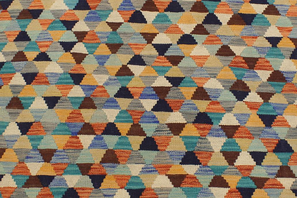 Flat Weave Kilim, Antique, Navaho, Vintage, Handmade, Modern Kilim Blue Rust Hand-Woven Rectangle 100% Wool Area Rug 5 x 6