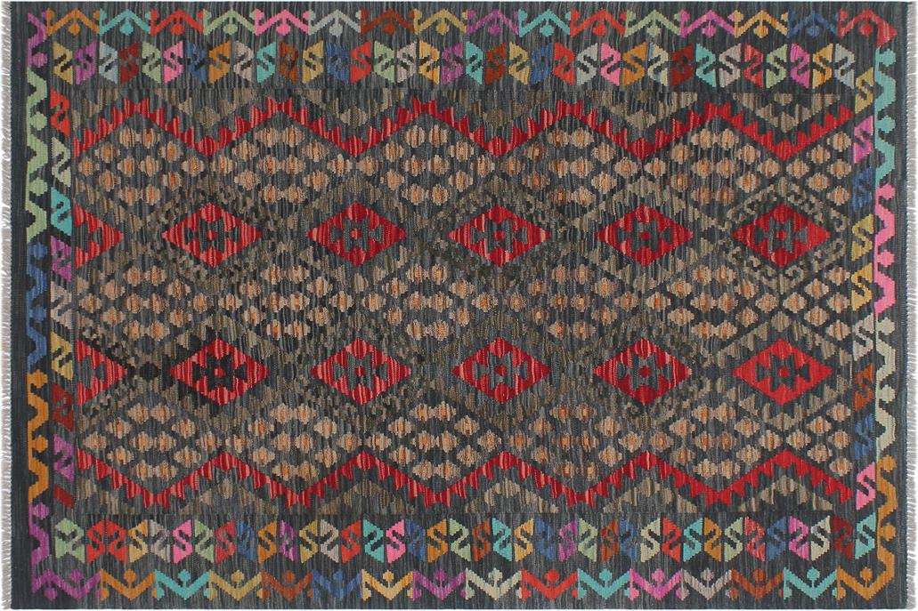 Flat Weave Kilim, Antique, Navaho, Vintage, Handmade, Geometric Kilim Red Green Hand-Woven Rectangle 100% Wool Area Rug 5 x 7