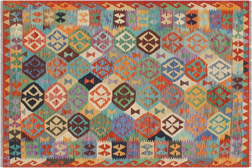 Flat Weave Kilim, Antique, Navaho, Vintage, Handmade, Geometric Kilim Blue Rust Hand-Woven Rectangle 100% Wool Area Rug 5 x 6