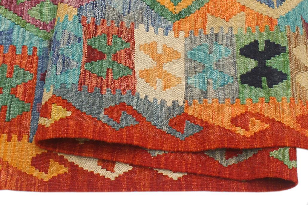 Flat Weave Kilim, Antique, Navaho, Vintage, Handmade, Geometric Kilim Blue Rust Hand-Woven Rectangle 100% Wool Area Rug 5 x 6