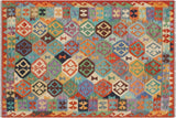 Flat Weave Kilim, Antique, Navaho, Vintage, Handmade, Geometric Kilim Blue Rust Hand-Woven Rectangle 100% Wool Area Rug 5 x 6