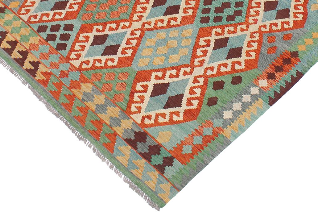 Flat Weave Kilim, Antique, Navaho, Vintage, Handmade, Geometric Kilim Rust Blue Hand-Woven Rectangle 100% Wool Area Rug 6 x 8