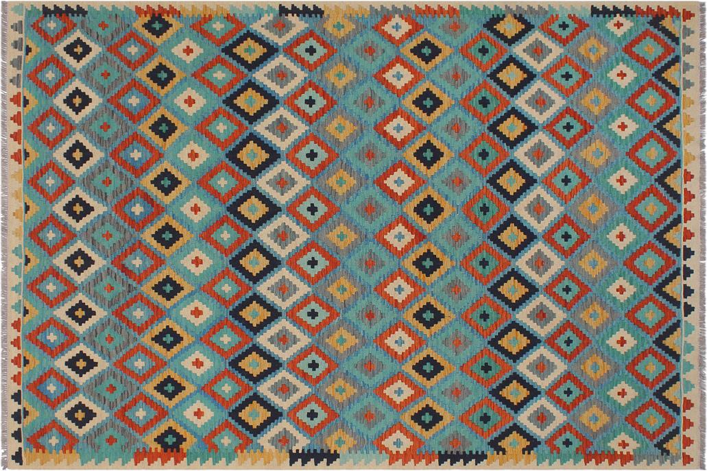 Flat Weave Kilim, Antique, Navaho, Vintage, Handmade, Modern Kilim Blue Beige Hand-Woven Rectangle 100% Wool Area Rug 6 x 8