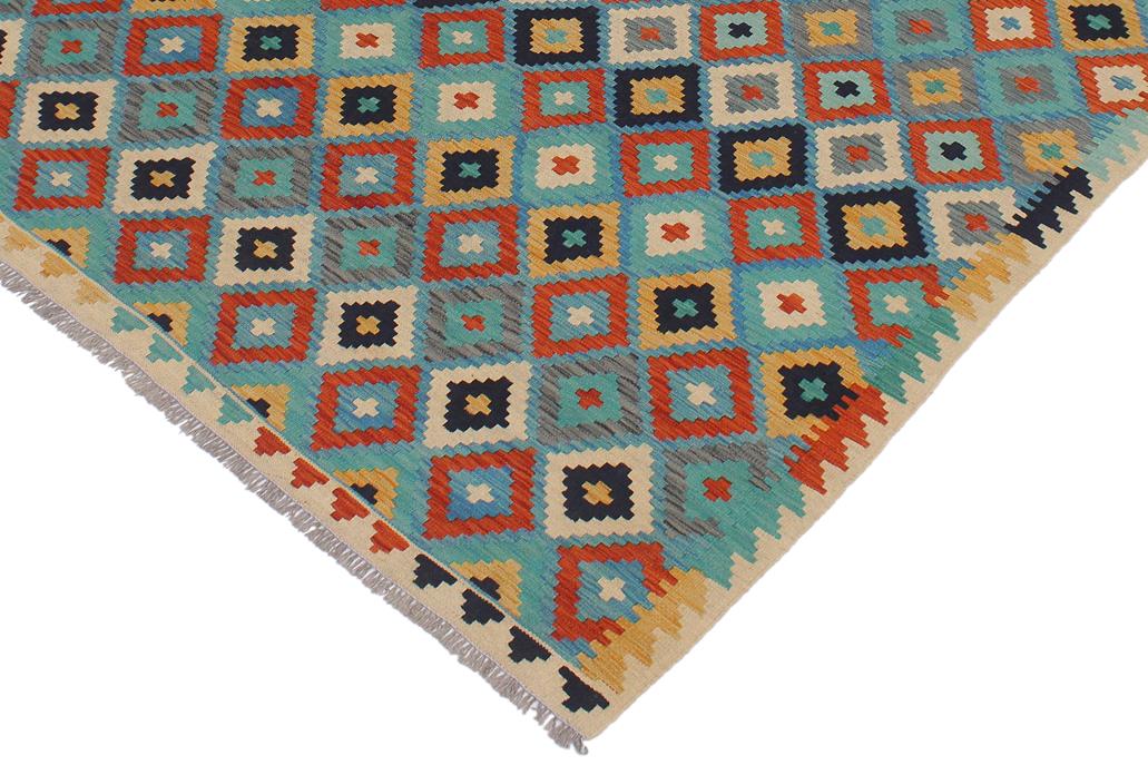 Flat Weave Kilim, Antique, Navaho, Vintage, Handmade, Modern Kilim Blue Beige Hand-Woven Rectangle 100% Wool Area Rug 6 x 8
