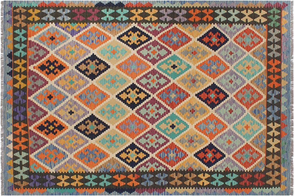 Flat Weave Kilim, Antique, Navaho, Vintage, Handmade, Geometric Kilim Beige Blue Hand-Woven Rectangle 100% Wool Area Rug 6 x 8