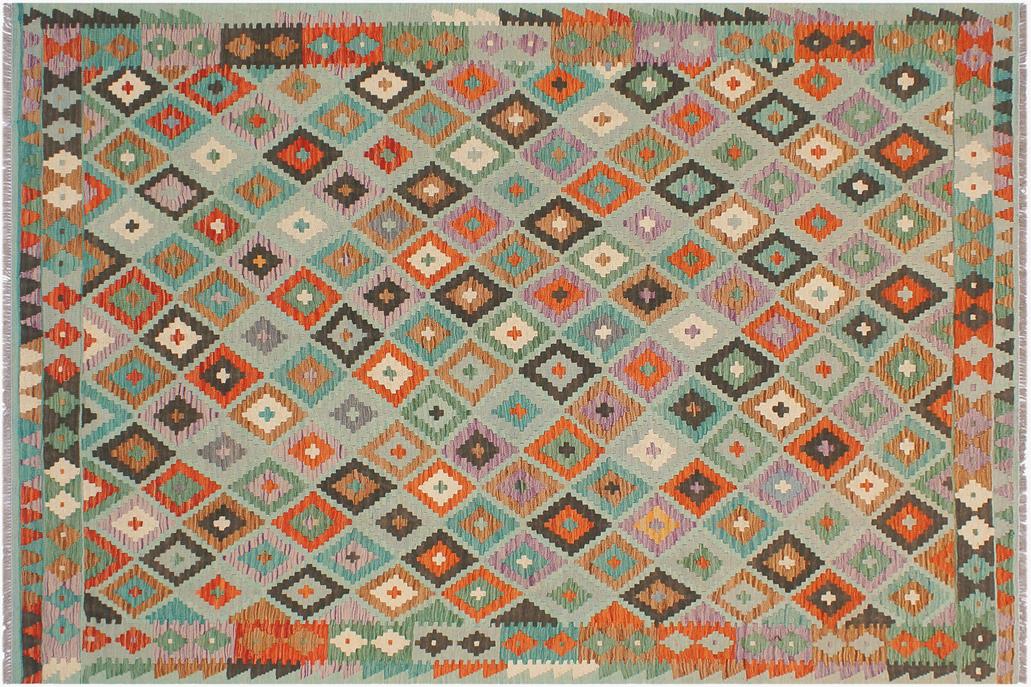 Flat Weave Kilim, Antique, Navaho, Vintage, Handmade, Geometric Kilim Blue Rust Hand-Woven Rectangle 100% Wool Area Rug 6 x 8
