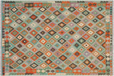 Flat Weave Kilim, Antique, Navaho, Vintage, Handmade, Geometric Kilim Blue Rust Hand-Woven Rectangle 100% Wool Area Rug 6 x 8