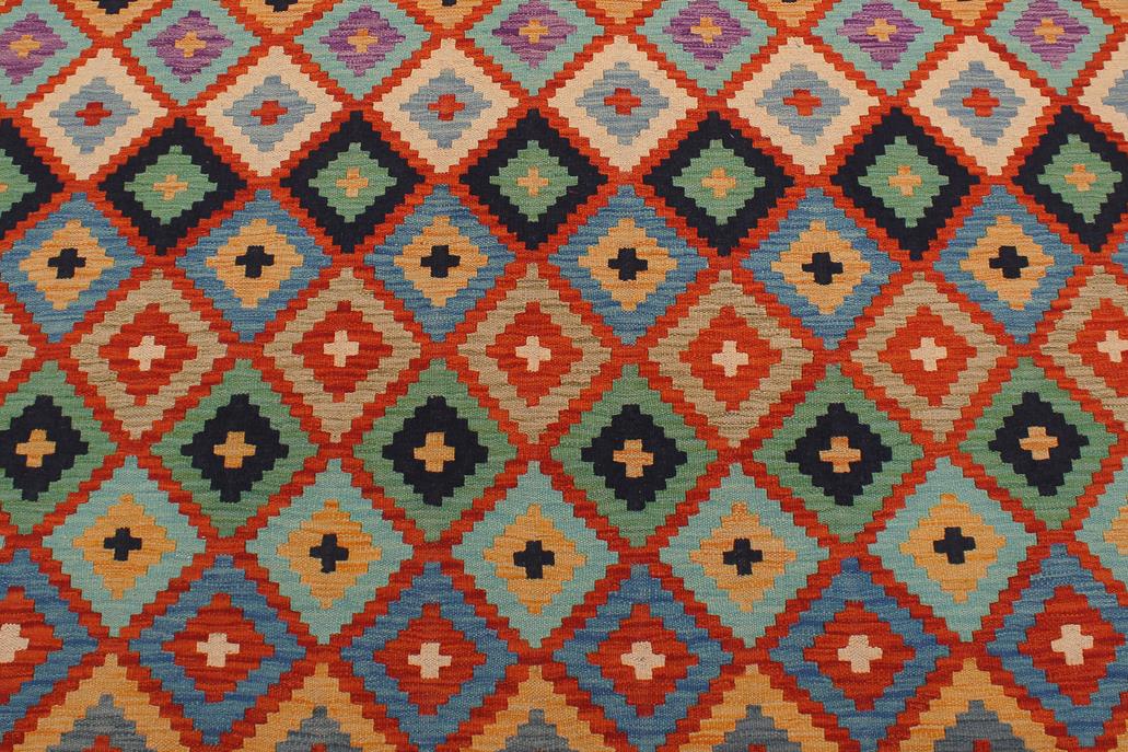 Flat Weave Kilim, Antique, Navaho, Vintage, Handmade, Modern Kilim Rust Blue Hand-Woven Rectangle 100% Wool Area Rug 6 x 8