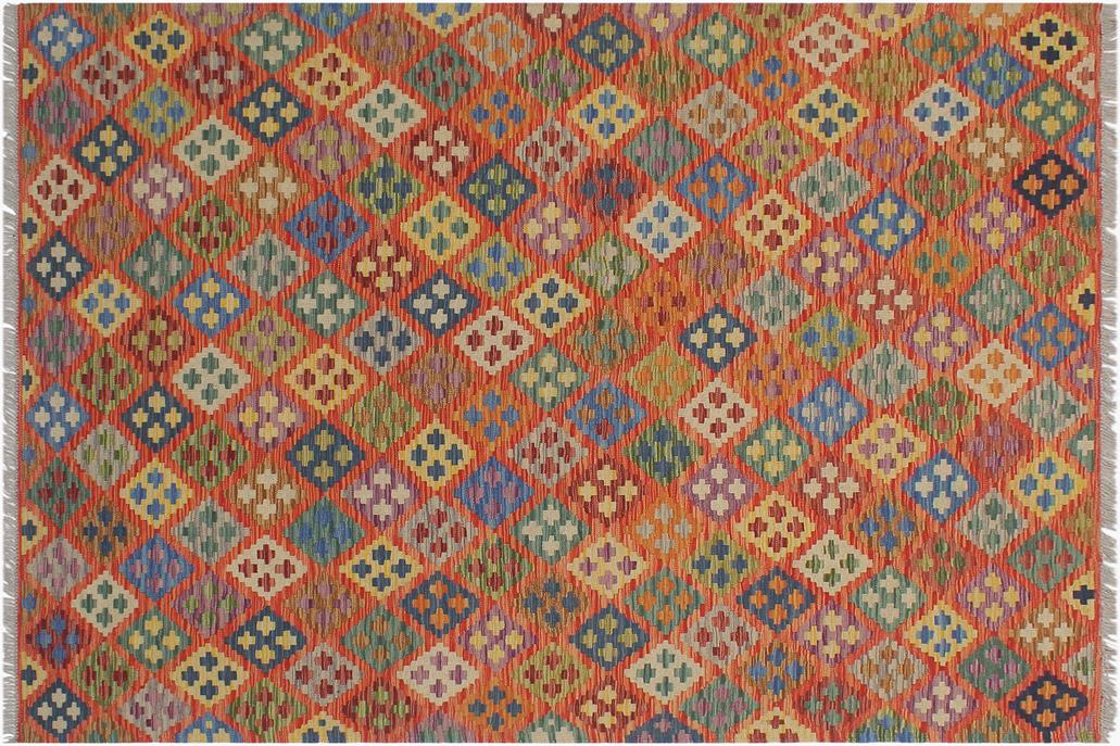 Flat Weave Kilim, Antique, Navaho, Vintage, Handmade, Modern Kilim Rust Blue Hand-Woven Rectangle 100% Wool Area Rug 6 x 8