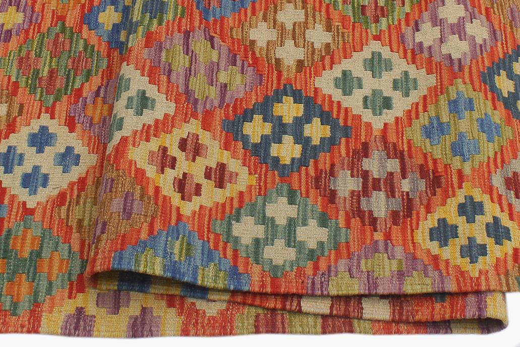 Flat Weave Kilim, Antique, Navaho, Vintage, Handmade, Modern Kilim Rust Blue Hand-Woven Rectangle 100% Wool Area Rug 6 x 8