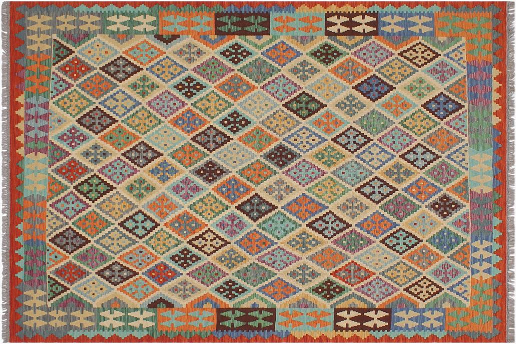 Flat Weave Kilim, Antique, Navaho, Vintage, Handmade, Geometric Kilim Beige Rust Hand-Woven Rectangle 100% Wool Area Rug 6 x 7