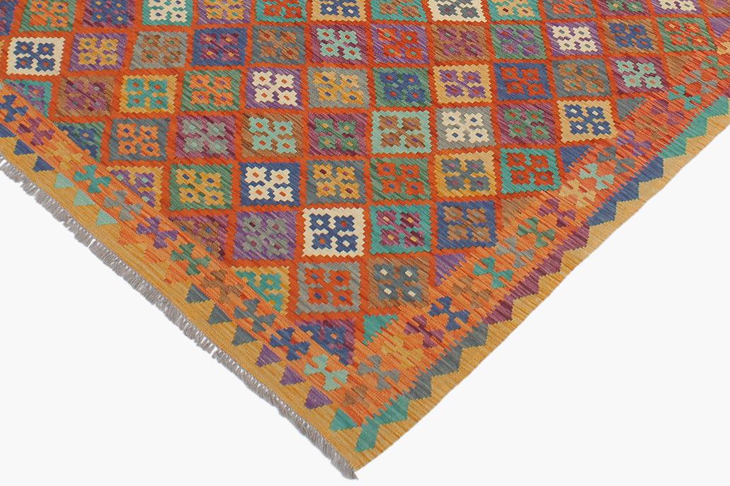 Flat Weave Kilim, Antique, Navaho, Vintage, Handmade, Modern Kilim Rust Gold Hand-Woven Rectangle 100% Wool Area Rug 6 x 8