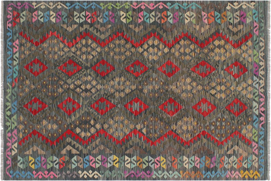 Flat Weave Kilim, Antique, Navaho, Vintage, Handmade, Geometric Kilim Green Red Hand-Woven Rectangle 100% Wool Area Rug 6 x 8