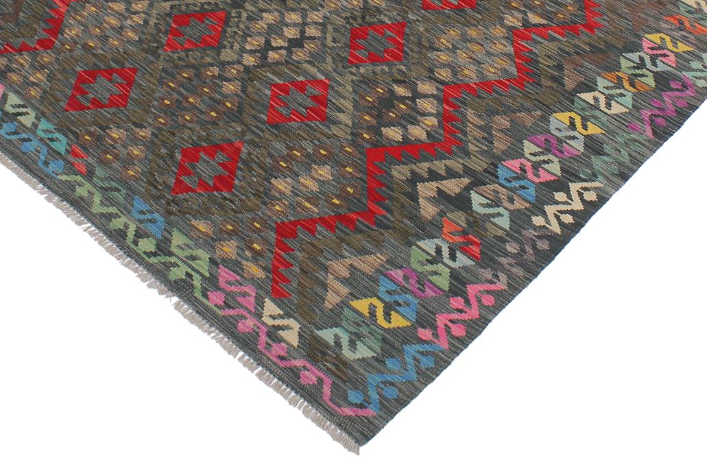 Flat Weave Kilim, Antique, Navaho, Vintage, Handmade, Geometric Kilim Green Red Hand-Woven Rectangle 100% Wool Area Rug 6 x 8