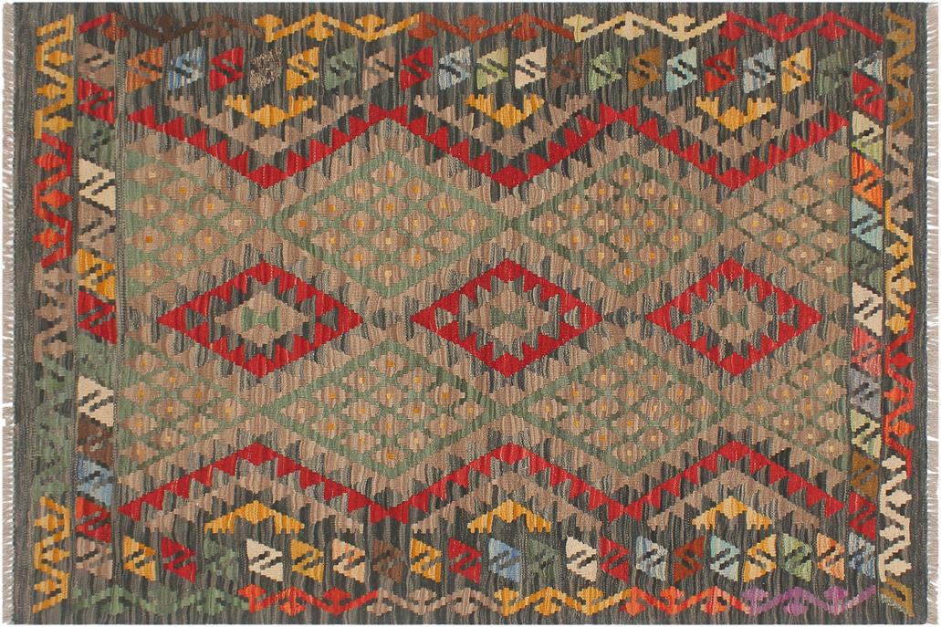 Flat Weave Kilim, Antique, Navaho, Vintage, Handmade, Geometric Kilim Red Green Hand-Woven Rectangle 100% Wool Area Rug 4 x 5