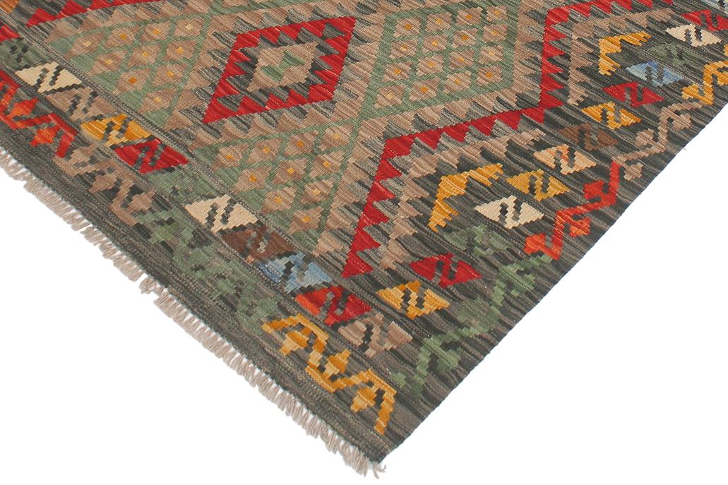 Flat Weave Kilim, Antique, Navaho, Vintage, Handmade, Geometric Kilim Red Green Hand-Woven Rectangle 100% Wool Area Rug 4 x 5