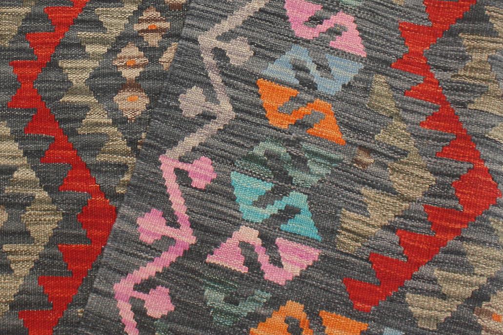 Flat Weave Kilim, Antique, Navaho, Vintage, Handmade, Geometric Kilim Charcoal Red Hand-Woven Rectangle 100% Wool Area Rug 4 x 6