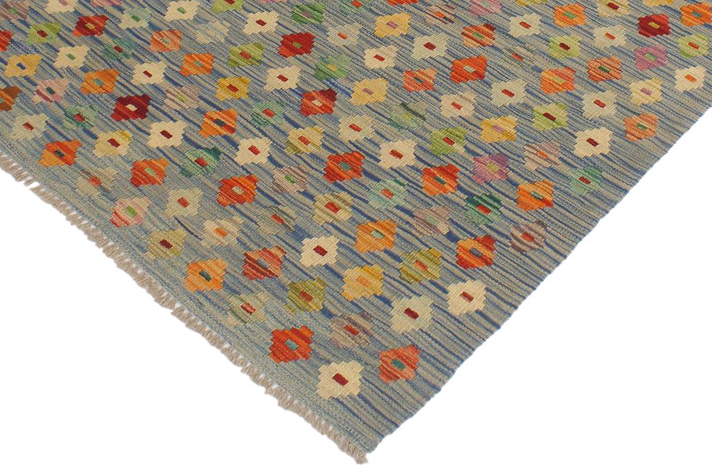 Flat Weave Kilim, Antique, Navaho, Vintage, Handmade, Modern Kilim Blue Rust Hand-Woven Rectangle 100% Wool Area Rug 3 x 5