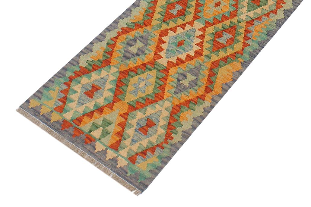 Flat Weave Kilim, Antique, Navaho, Vintage, Handmade, Geometric Kilim Rust Blue Hand-Woven Runner 100% Wool Area Rug 2 x 6