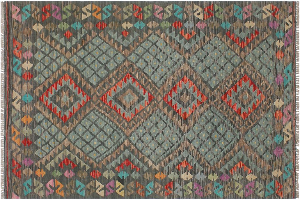 Flat Weave Kilim, Antique, Navaho, Vintage, Handmade, Geometric Kilim Green Red Hand-Woven Rectangle 100% Wool Area Rug 4 x 6
