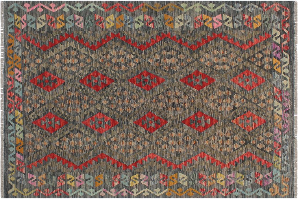 Flat Weave Kilim, Antique, Navaho, Vintage, Handmade, Geometric Kilim Charcoal Red Hand-Woven Rectangle 100% Wool Area Rug 5 x 7