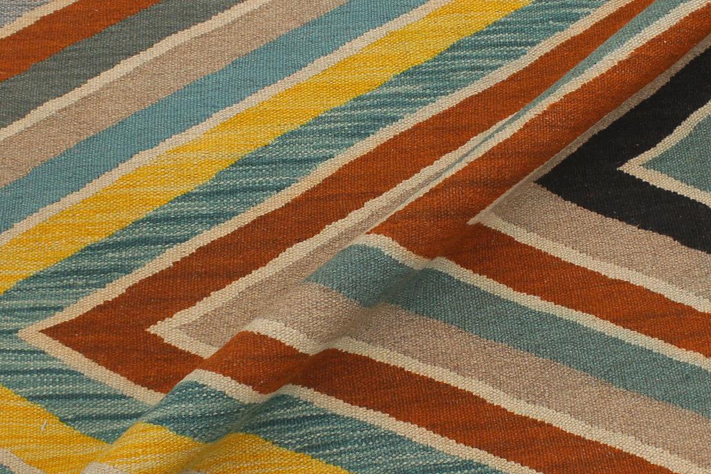 Flat Weave Kilim, Antique, Navaho, Vintage, Handmade, Modern Kilim Blue Black Hand-Woven Rectangle 100% Wool Area Rug 5 x 7
