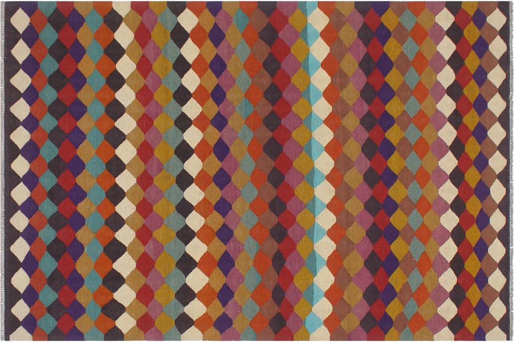 Flat Weave Kilim, Antique, Navaho, Vintage, Handmade, Modern Kilim Blue Beige Hand-Woven Rectangle 100% Wool Area Rug 6 x 8