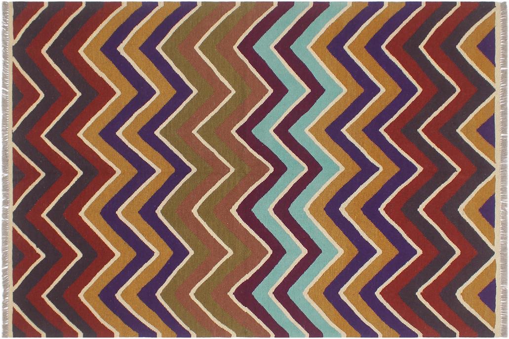 Flat Weave Kilim, Antique, Navaho, Vintage, Handmade, Modern Kilim Blue Beige Hand-Woven Rectangle 100% Wool Area Rug 5 x 7
