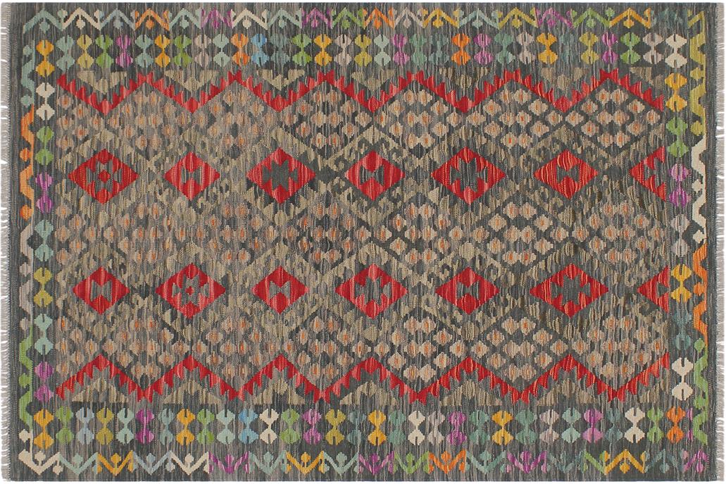 Flat Weave Kilim, Antique, Navaho, Vintage, Handmade, Geometric Kilim Green Red Hand-Woven Rectangle 100% Wool Area Rug 5 x 7