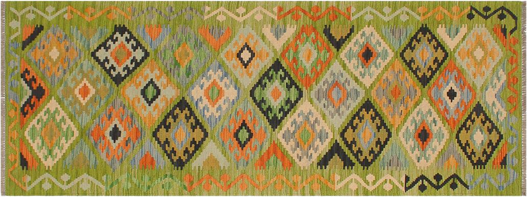 Flat Weave Kilim, Antique, Navaho, Vintage, Handmade, Geometric Kilim Green Rust Hand-Woven Runner 100% Wool Area Rug 3 x 8