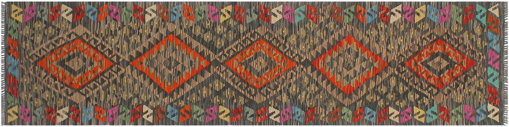 Flat Weave Kilim, Antique, Navaho, Vintage, Handmade, Geometric Kilim Charcoal Rust Hand-Woven Runner 100% Wool Area Rug 2 x 8