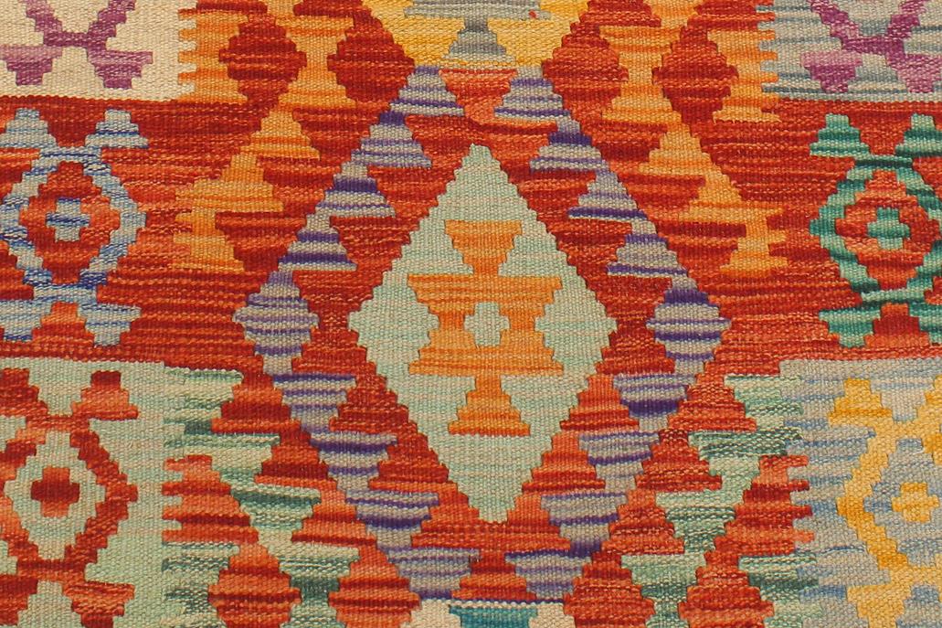 Flat Weave Kilim, Antique, Navaho, Vintage, Handmade, Geometric Kilim Rust Blue Hand-Woven Runner 100% Wool Area Rug 3 x 6