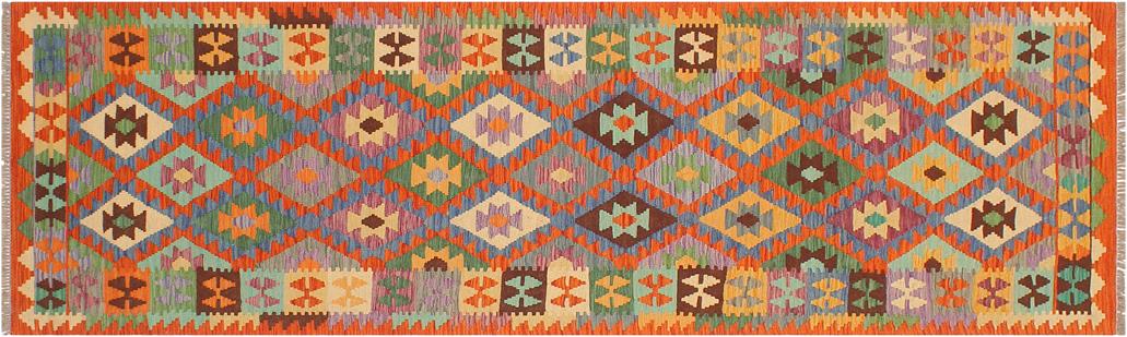 Flat Weave Kilim, Antique, Navaho, Vintage, Handmade, Geometric Kilim Blue Rust Hand-Woven Runner 100% Wool Area Rug 3 x 10