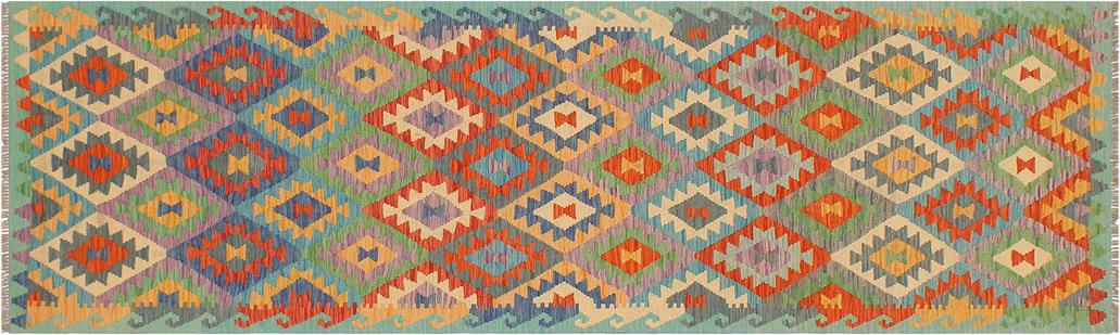 Flat Weave Kilim, Antique, Navaho, Vintage, Handmade, Geometric Kilim Rust Blue Hand-Woven Runner 100% Wool Area Rug 3 x 10